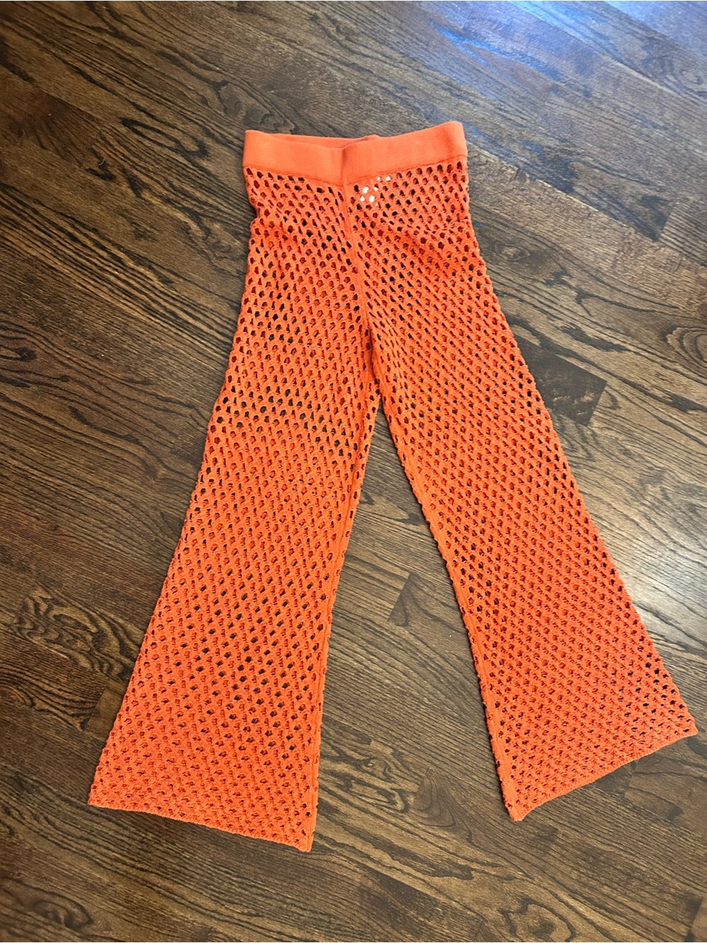 LNA KISMET pant Crochet Knit Mesh Wide Leg Pants in Bright Orange / Coral Medium